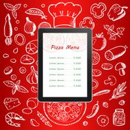 Pizza menu with hand drawn doodle elements