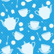 Seamless pattern with cups teapots and chamomiles