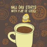 Cute greeting card with owls on coffee cup