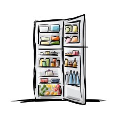 Opened fridge full of food sketch for your design