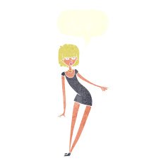 cartoon woman in dress leaning with speech bubble N12