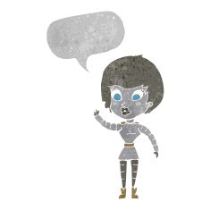 cartoon robot woman waving with speech bubble N24