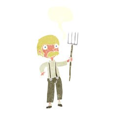 cartoon farmer with pitchfork speech bubble N12