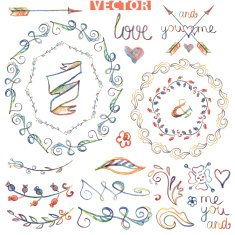 Doodle wreath floral decor &Ntilde;olored watercolor pencil sketched