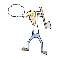 cartoon man swinging axe with thought bubble N11