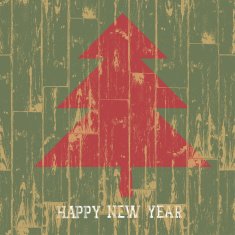 New year tree symbol with greetings on wooden planks texture