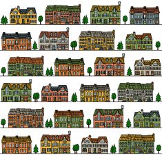 Vector seamless background pattern with colored townhouses