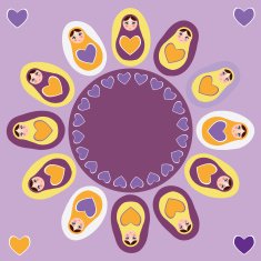 Card orange Russian dolls matryoshka on a purple background Vector N2