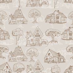 Seamless pattern with many houses and trees