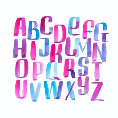 Hand drawn watercolor alphabet made with brush-shades and smears