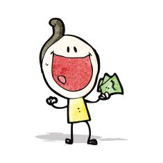 cartoon happy doodle man holding cash