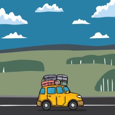 Hand drawn family car with the luggage goes on a