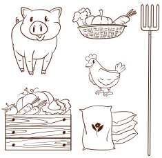 Simple sketch of the farm animals and harvested vegetables