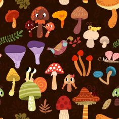 Seamless pattern with colorful forest mushrooms