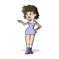 cartoon worried woman in dress pointing N16