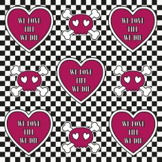 Hearts and skulls on checkered background