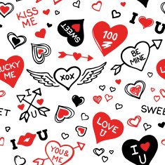 Seamless Pattern of Hand Drawn Hearts and Valentine's Elements