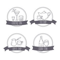 Hand drawn different beverage icon logos Doodle emblems with drinks N2