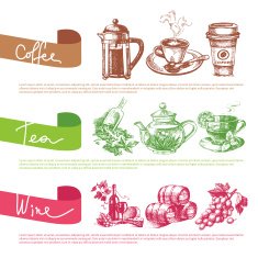Vector set of coffee tea and wine sketch illustrations Menu N2