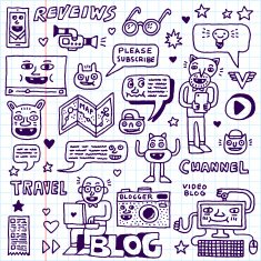 Blogging Activities Funny Doodle Cartoon Set Video Blog N2