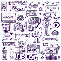 Blogging Activities Funny Doodle Cartoon Set Video Blog N3