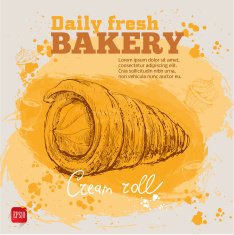 Bakery Watercolor background with vintage hand drawn cream roll pastry