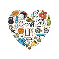 Hand drawn doodle sports symbols in heart
