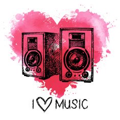 Music background with splash watercolor heart and sketch speaker