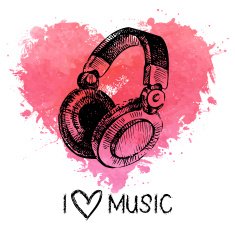 Music background with splash watercolor heart and sketch headpho
