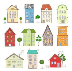 Collection of colored sketch cartoon houses