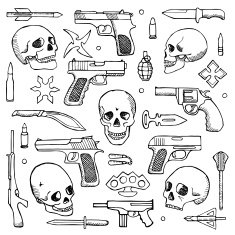 Hand drawn doodle set with skulls and guns N3