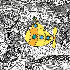 Yellow submarine sailing on the sea bottom