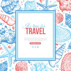 Summer Card Design with Hand Drawn Seashells and Sea Stars