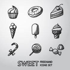 Sweet handdrawn icons set with - cupcake donut cake ice