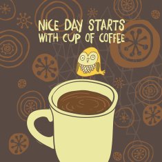 Cute greeting card with owls on coffee cup
