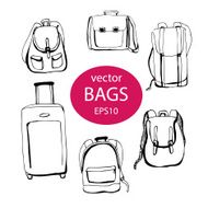 Set of vector doodle sketchy bags and backpacks