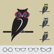 Vector images of owl and glasses on brown background N2