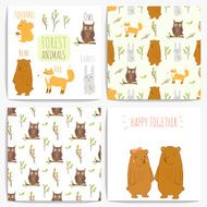 Set of four vector cards with forest animals