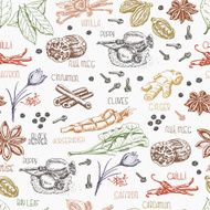 Seamless pattern with multi-colored spices on white background