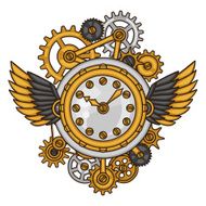 Steampunk clock collage of metal gears in doodle style