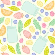 Fruits berries and smoothie jars outline seamless pattern N3