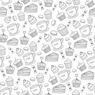 Doodle vector Bakery Cakes and dessert tea seamless pattern