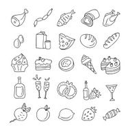 Hand drawn food and drink icons outline vegetables fruit meat