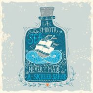Hand drawn vintage label with a ship in bottle