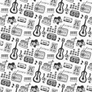 Music seamless pattern with doodle musical instruments and sound elements