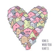 Cute naive house vector heart background Kids style drawing