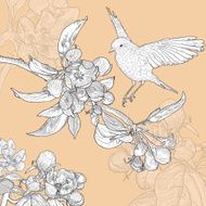 Vintage Floral Greeting Card with Bird and Blooming Apple