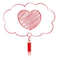 Red Pencil Drawing Heart in Fluffy Cloud Thought Balloon