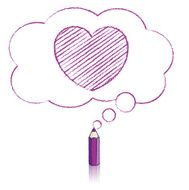 Purple Pencil Drawing Heart in Fluffy Cloud Thought Balloon