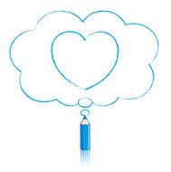 Blue Pencil Drawing Heart in Fluffy Cloud Thought Balloon